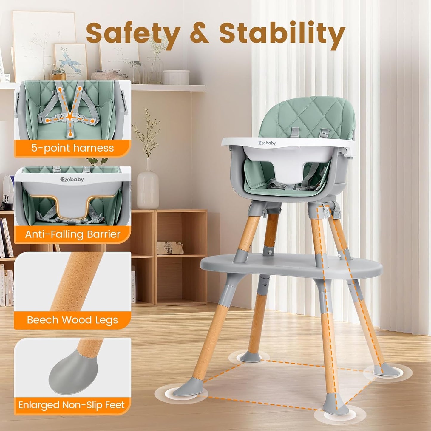 Ezebaby Convertible Baby High Chair with Table & Seat, 8-in-1 Adjustable Toddler Feeding Chair, Multi-Stage Infant to Kid Dining Booster Seat with Safety Harness, Easy to Clean & Sturdy Design(Green)