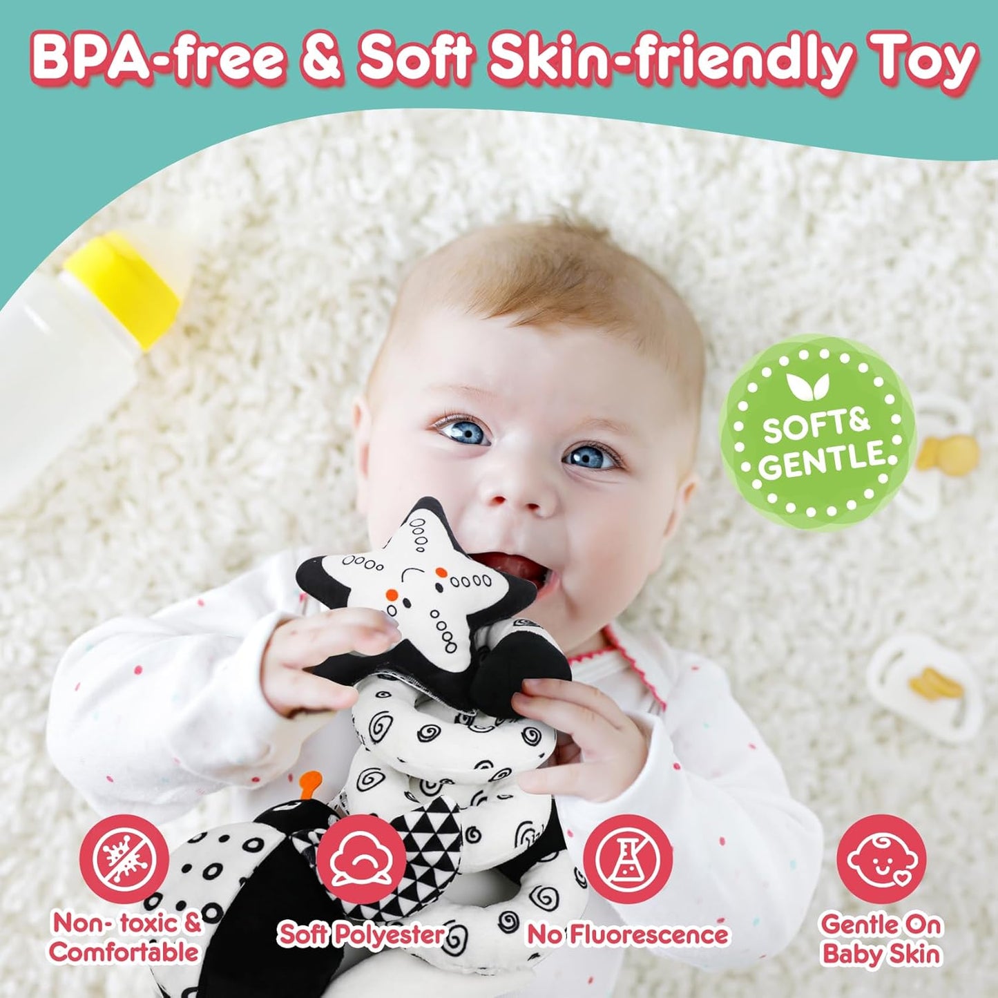 Baby Spiral Hanging Stroller and Car Seat Toys Black and White High Contrast Sensory Toy Newborn Plush Activity Toys Party Favors Quality Gifts for Baby Shower -Bug