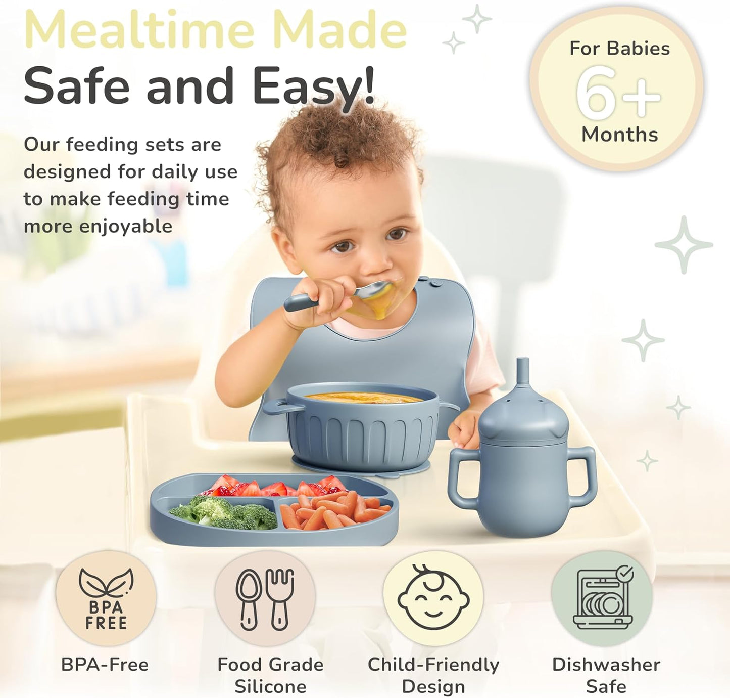 mimi & kiki BPA-Free Silicone Baby Feeding Set, Baby Plates and Bowls Set, Baby Led Weaning Supplies, Silicone Suction Plate, Baby Utensils, Bib and Cup, Self Feeding, Dishwasher Safe (Blue)