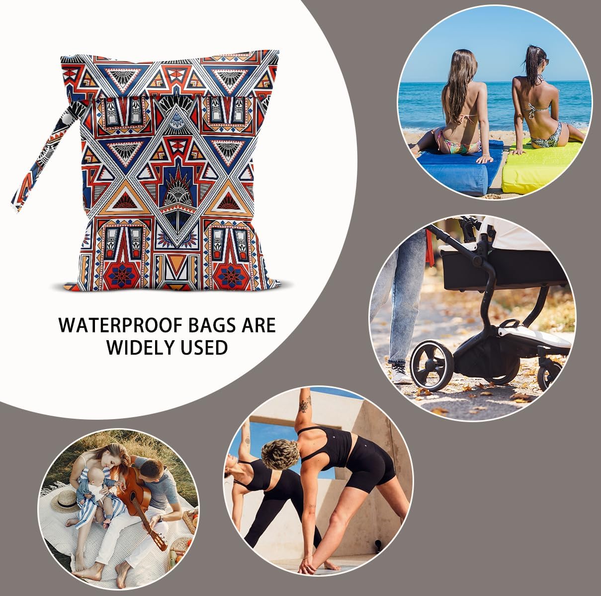 2Pcs Ethnic Print Wet Bags, Wet Dry Bag Reusable Zipper Pouch for Swimsuit, Diapers, Travel, Pool, Beach, Dirty Yoga Gym Clothes, Toiletries, Waterproof Birthday Christmas Gifts