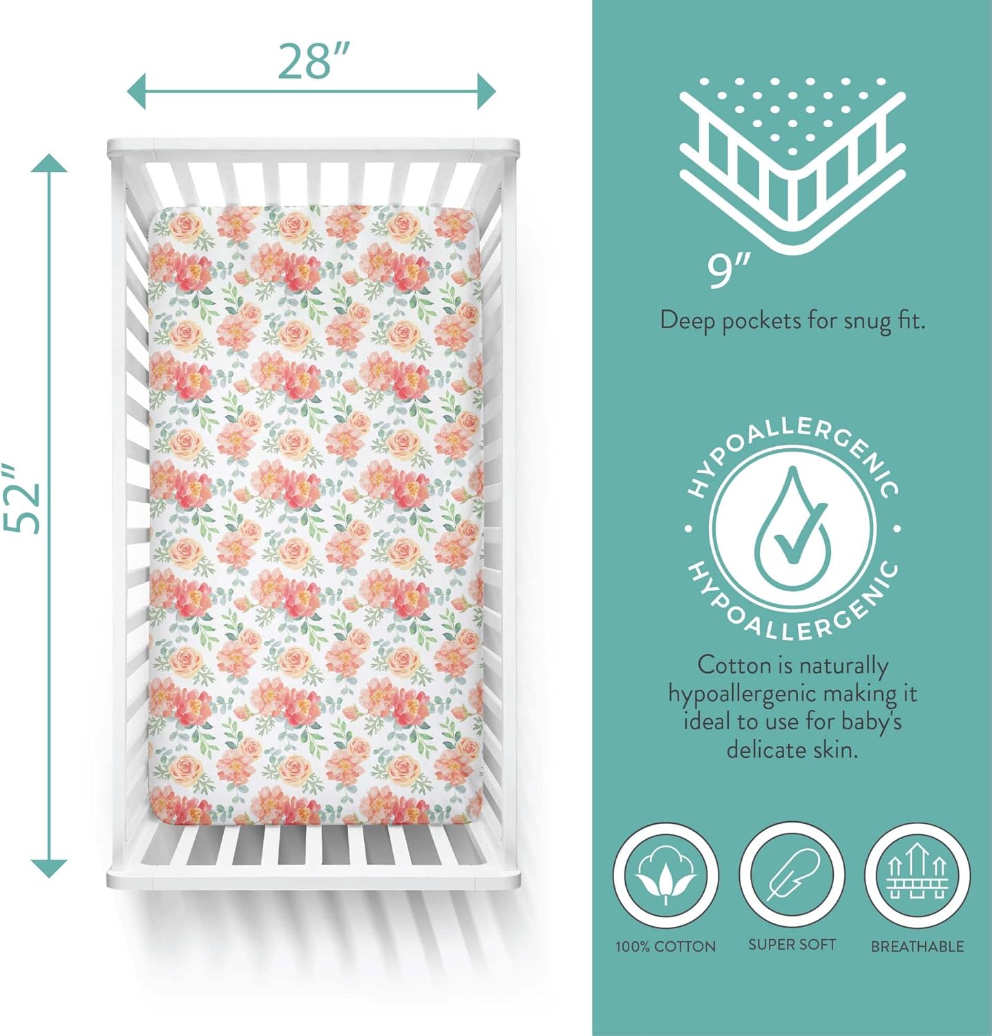 Featherhead™ 2-Pack Fitted Crib Sheets - 100% Cotton - 52" x 28" x 9" for Standard Crib and Toddler Mattress (Jersey Garden Floral)