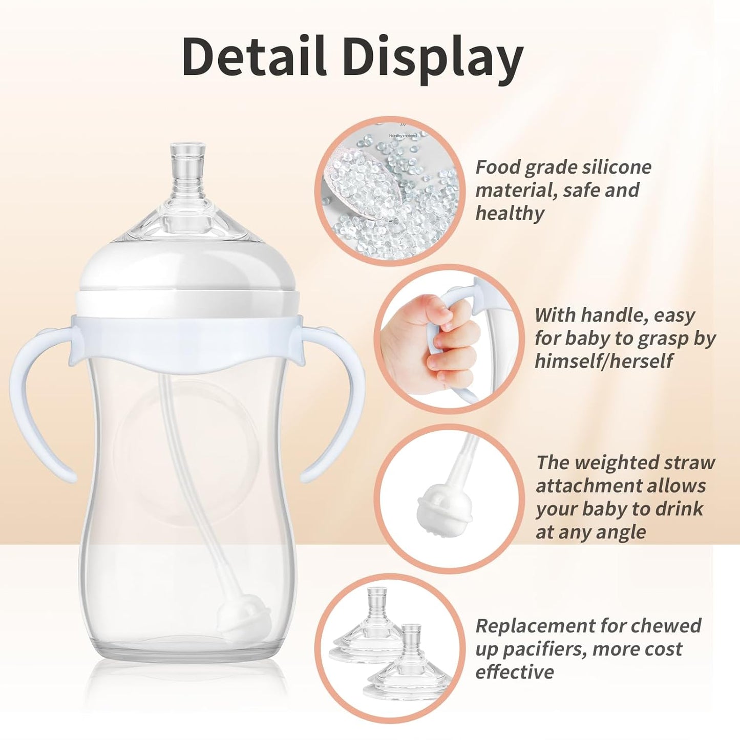 Straw Cup Conversion Kit Compatible with Philips Avent Natural Baby Bottle, Straw Transition Kit from Bottles, 4 Straw Top Nipples, 2 Weighted Straw Attachments, 2 Handles and 2 Cleaning Brushes