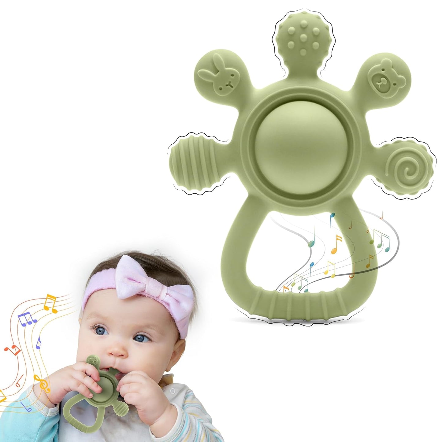 Silicone Rattle Teether for Babies – Soft BPA-Free Teething Toy & Sensory Rattle – 100% Food Grade Silicone, CPC Certified – Soothing Relief for Infants & Toddlers (Rudder - Green)