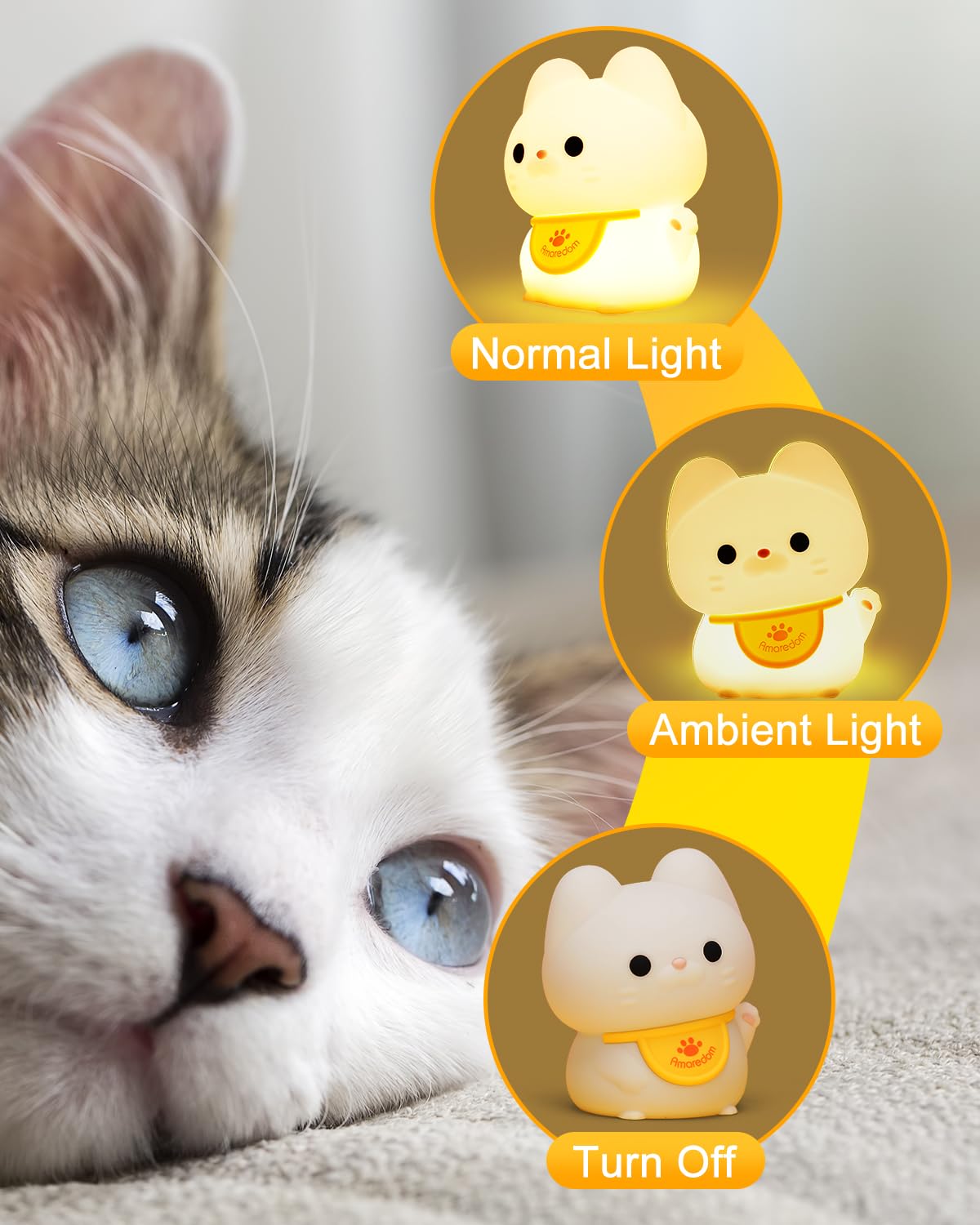 Amaredom Waving Kitten Night Light, Cute Cat Lamp, Silicone Dimmable Nursery Nightlight, Rechargeable LED Bedside Lamp with 20 Minutes Timer & Tap Control Baby Girls Women Bedrooms, Living Room