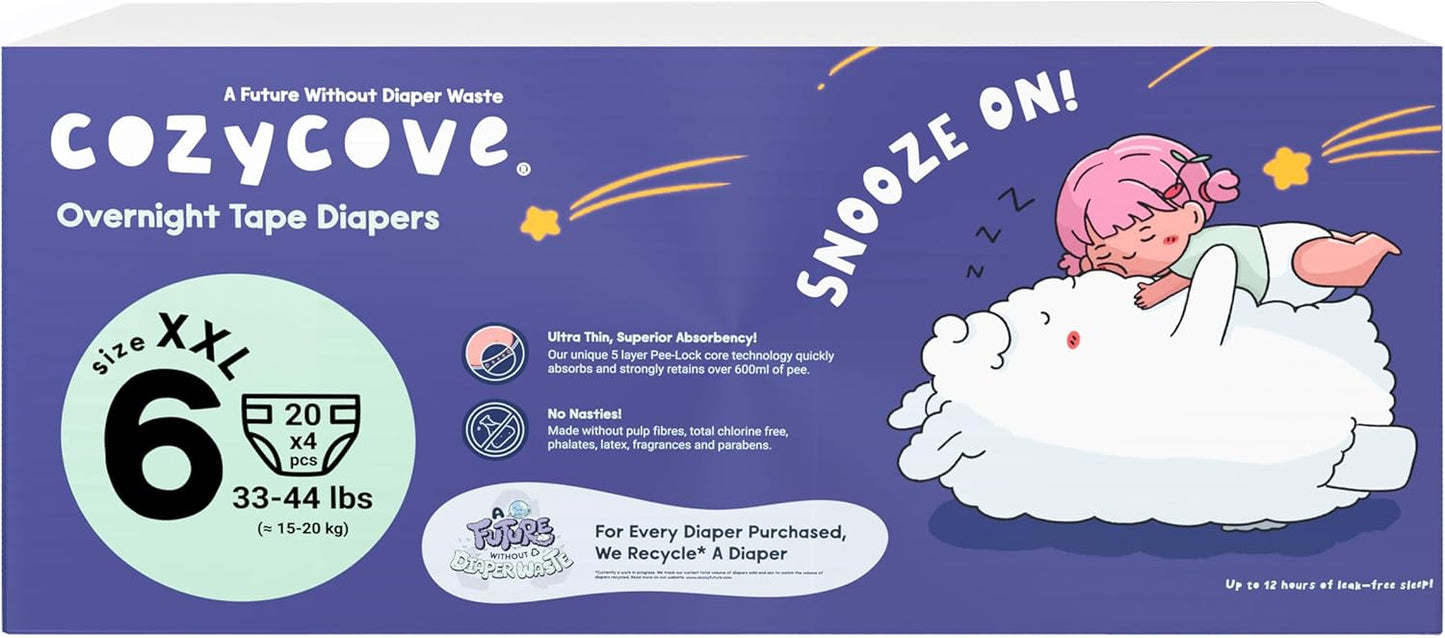 Cozycove Size 6 Diapers, Snooze On Slim Overnight Tape Diapers, Size 6 (33-44 lbs), 80 Count (4 Packs of 20)