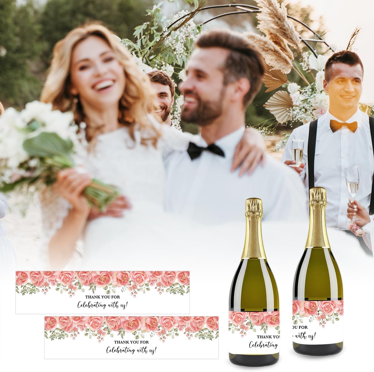 100PCS Wedding Water Bottle Labels Waterproof Greenery Floral Wraps Sticker for Water Bottle Baby Shower Bottle Label for Bridal Shower Party Thanks A09