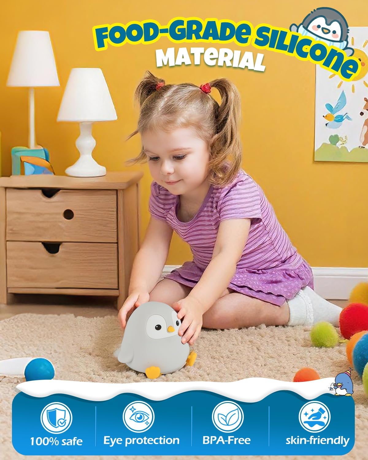Cute Penguin Night Light, Animal Lamp, Food Grade Silicone, Rechargeable, 2 Level Dimmable, Squishy Nursery Nightlight for Desk Decor, Funny Gifts Stuff for Boys Girls Baby, White Elephant Gifts