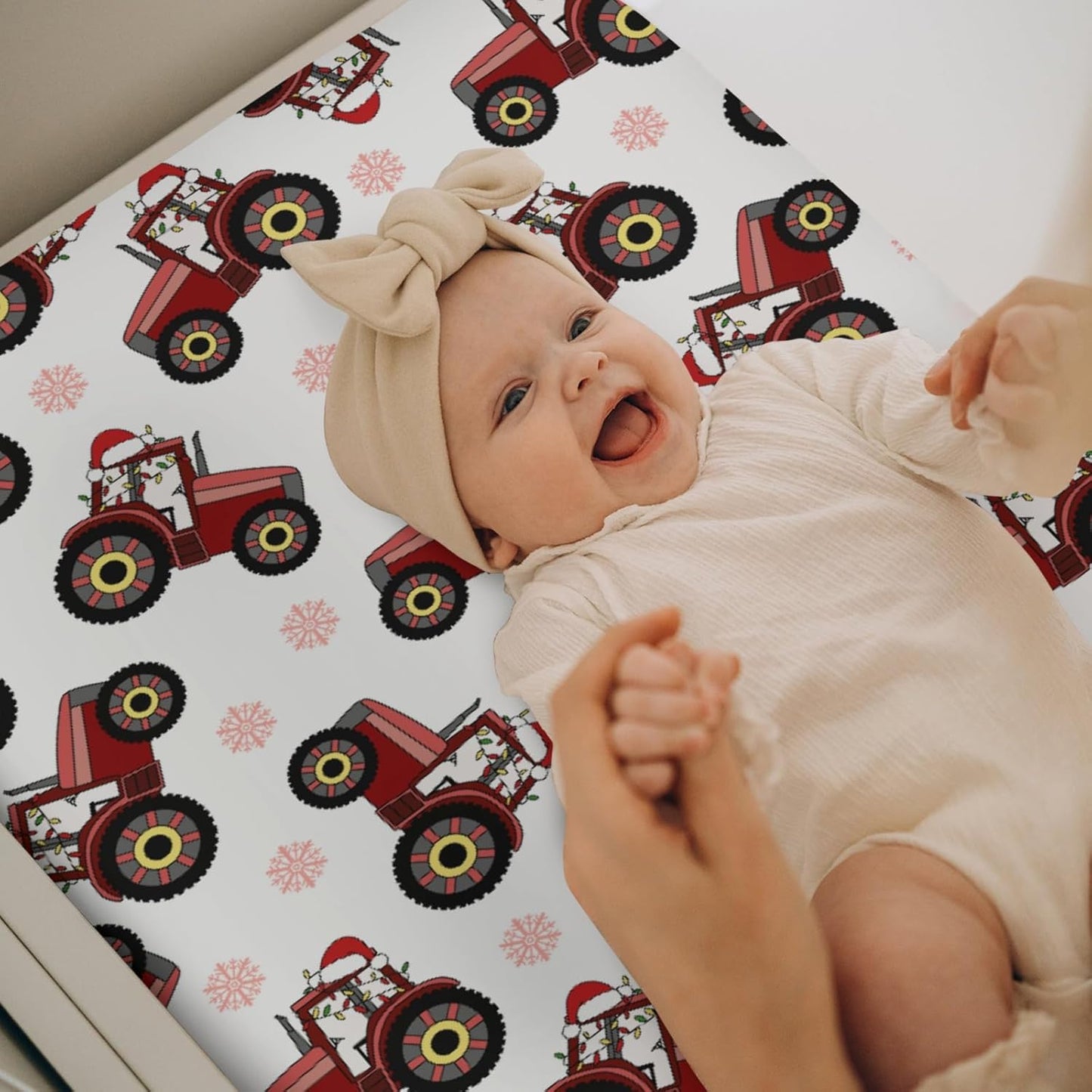 Red Tractors Snowflakes Baby Changing Pad Covers for Boy Girl Christmas Farm Tractor Harvest Fitted Change Table Cover Mats Farmhouse Trucks Vehicle Soft Diaper Changing Table Sheets 32''×16''