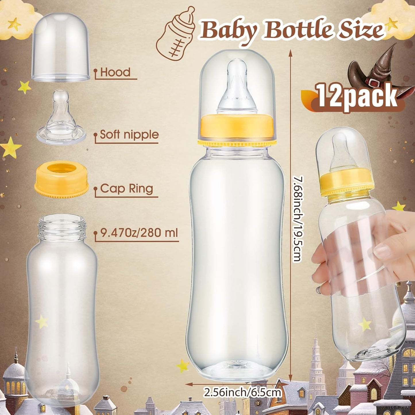 TrelaCo Cool Baby Shower Games Bottle Chug Sign and 12 Pcs Baby Bottle Shower Favor for Games Gender Reveal(Dark Color,Magical Wizard)