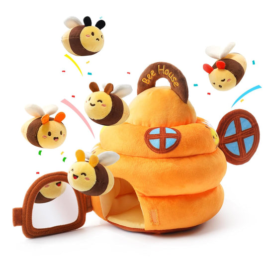 Koty Baby Toys 6-12 Months,Bee House Sensory Learning Toy, Beehive wtih wtih rattles, Squeaker, Mirror,5pcs Yellow Plush Bees, Educational Montessori Toy for Infants 6-12 Months