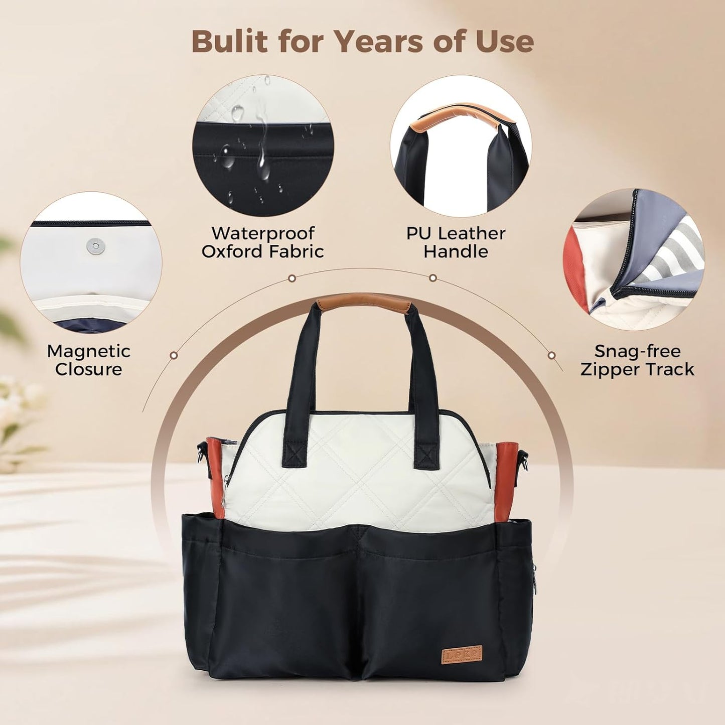 Lekebaby Diaper Bag Tote, Large Diaper Bags Waterproof,Large Mommy Bag Tote Bag Handbag Pink Travel, Black and Beige