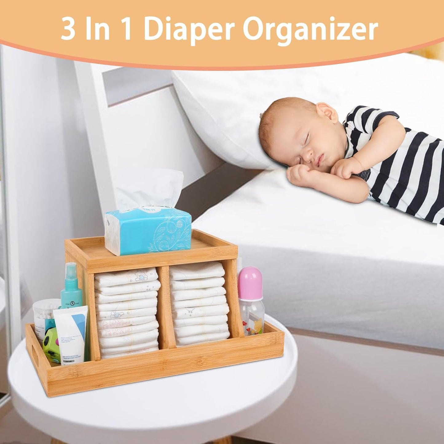 Three colors Bamboo Diaper Organizer, Wooden Diaper Caddy, Changing Table Organizer Storage Organizer, Nursery Baby Organization