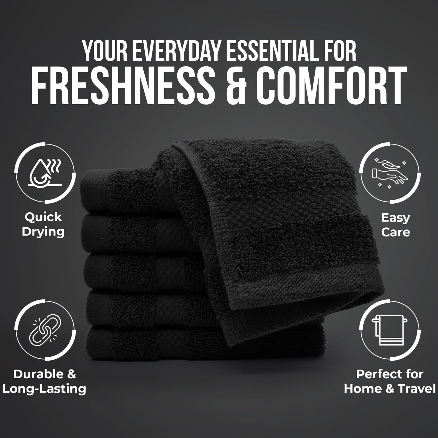 DAN RIVER 12-Pack Premium 100% Cotton Black Face Towels – Reusable Face Towel Set, Soft & Absorbent Rough Wash Cloths for Bathroom & Body – Hand and Face Towels, 550 GSM (12x12 in)