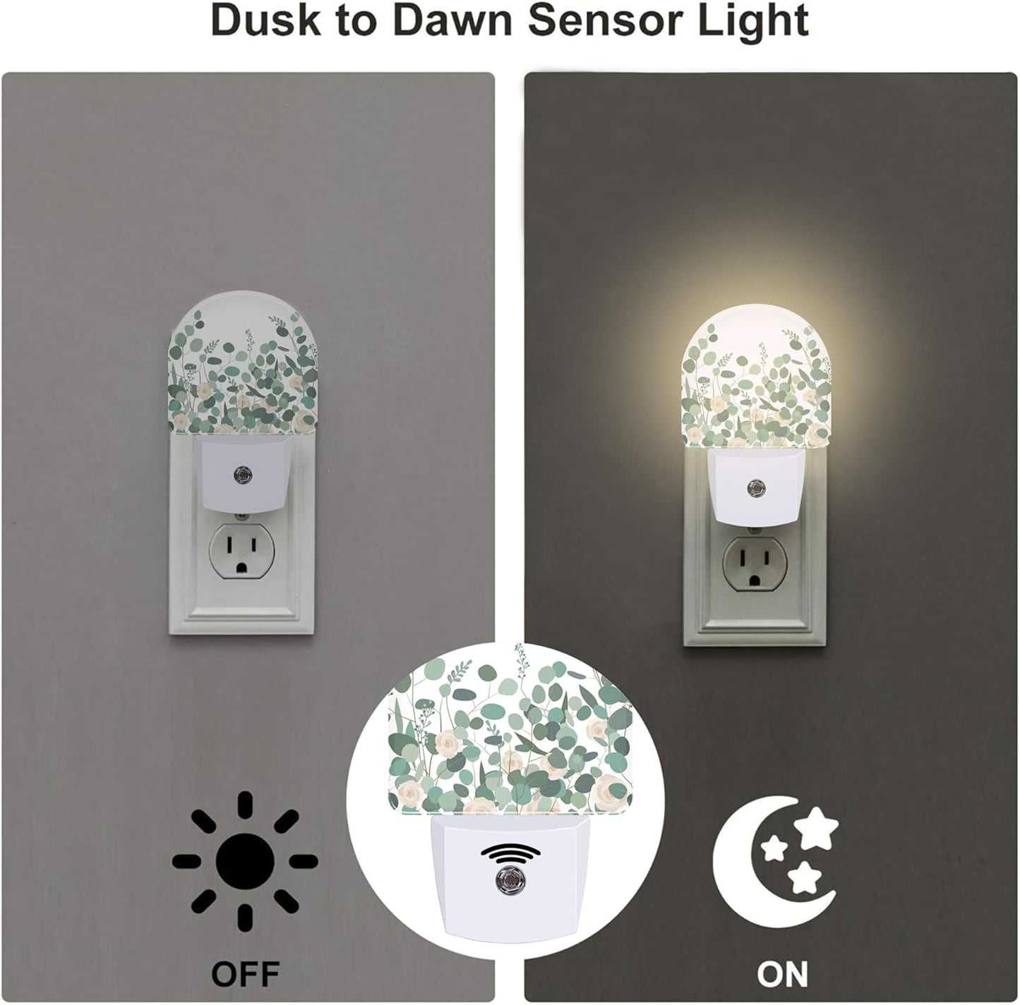 Green Eucalyptus and Rose Flowers Night Light for Kids,Watercolor Botanical Floral Leaves Night Light Plug in with Dusk to Dawn Sensor,0.5w Energy Saving S Nightlight for Boys Girls Home Decor