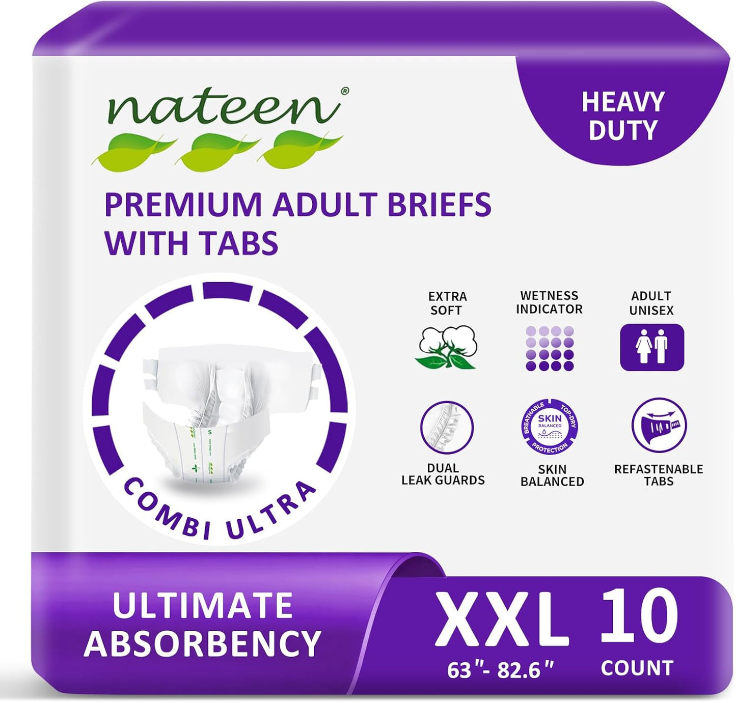 Nateen Combi Ultra Adult Diapers with Tabs for Women and Men, Ultimate Absorbency Protective Incontinence Briefs, Heavy Duty, Leakproof and Skin-Friendly Incontinence Underwear.XX-Large, 10Count