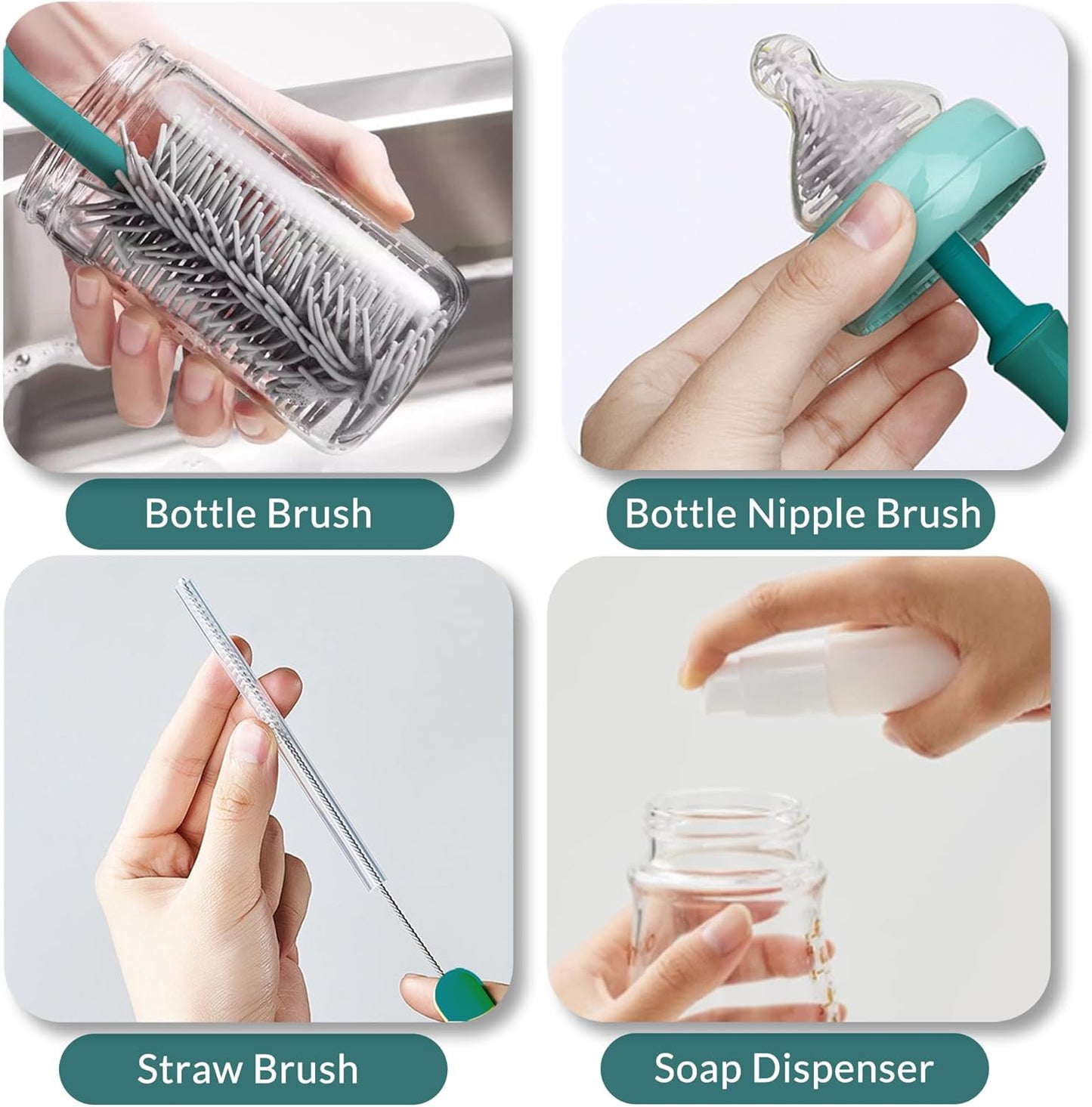 Portable Baby Bottle Brush Set with Multiple Brushes,Soap Dispenser, Foldable Bottle Drying Rack for 16 Bottles, Bottle Cleaner Brush Set for Bottles and Baby Accessories, Baby Travel Essential