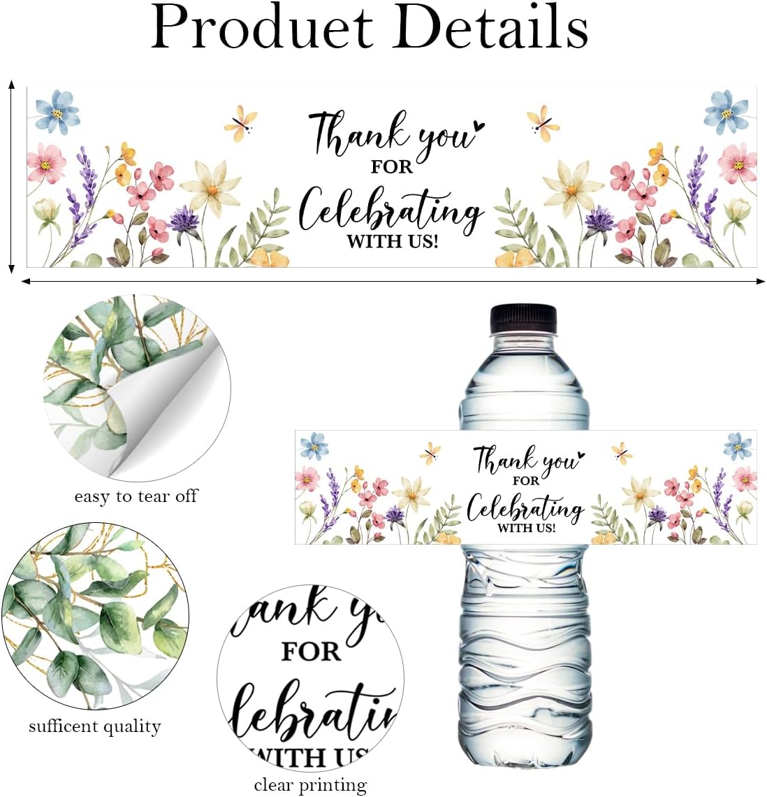 100PCS Wedding Water Bottle Labels Waterproof Greenery Floral Wraps Sticker for Water Bottle Baby Shower Bottle Label for Bridal Shower Party Thanks（Wildflowers）