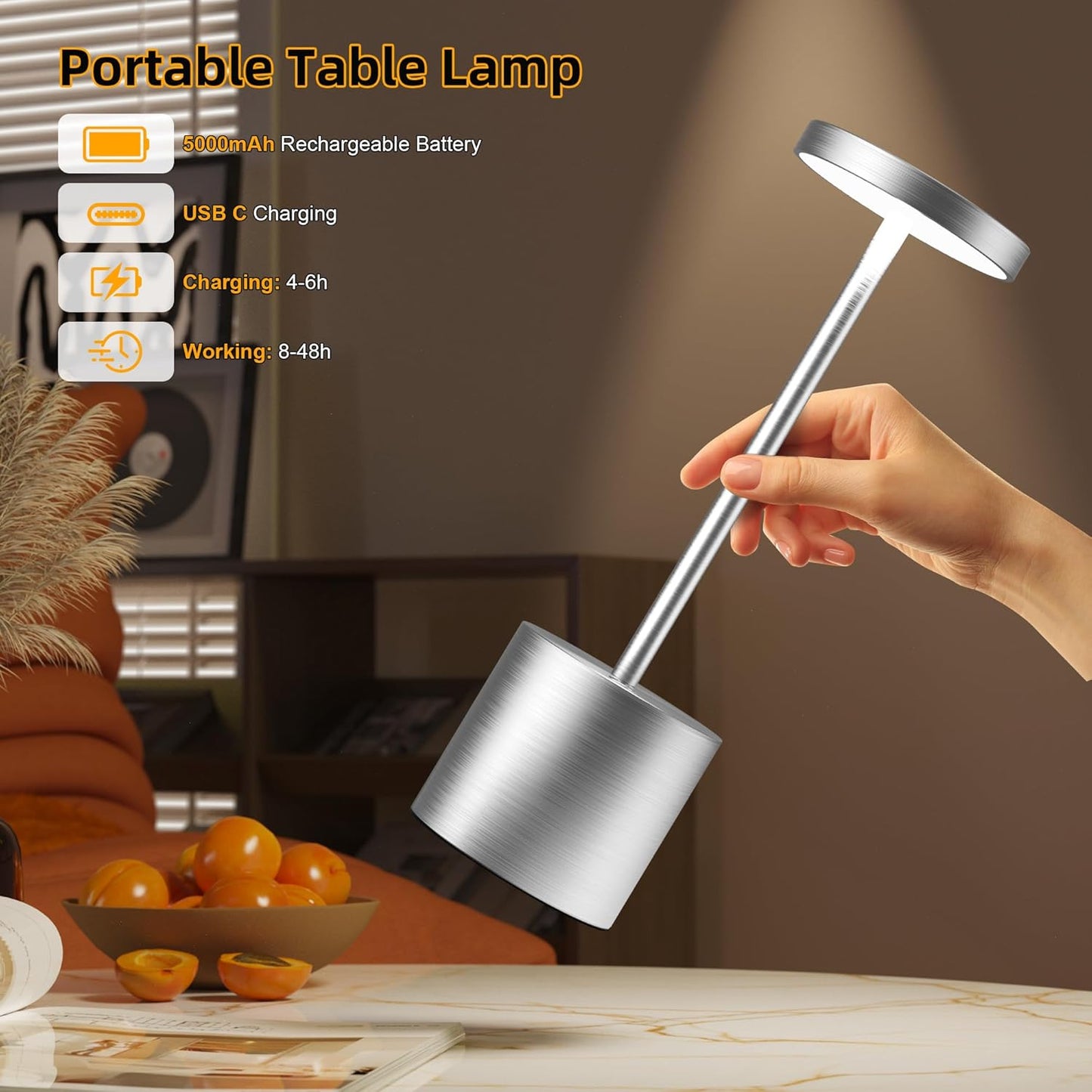 Cordless Table Lamps Rechargeable - Outdoor Waterproof LED Table Light Portable 5000mAh Battery Operated Lamp 3 Color Stepless Dimming with Memory Function for Restaurant Dining Patio (Silver)
