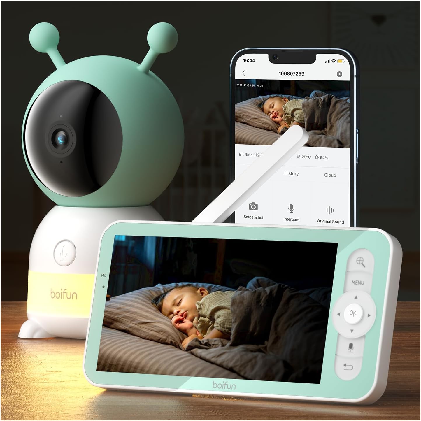 BOIFUN 2K WiFi Baby Monitor with Camera and Audio,Smartphone APP, Colorful Night Light, Smart AI Motion & Sound & Humidity & Temperature Detection, Auto Tracking,5-Inch Monitor Control, Night Vision