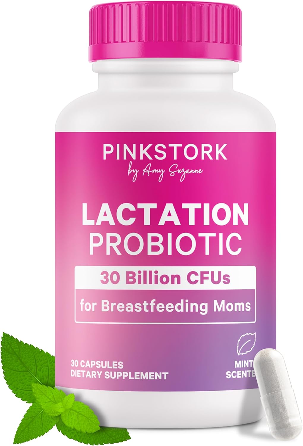 Pink Stork Lactation Probiotic - 30 Billion CFUs Multi Strain Postnatal Probiotics for Breastfeeding Women - Support Breast Milk & Gut Health, Postpartum Essentials, Mint Essence, 30 Capsules