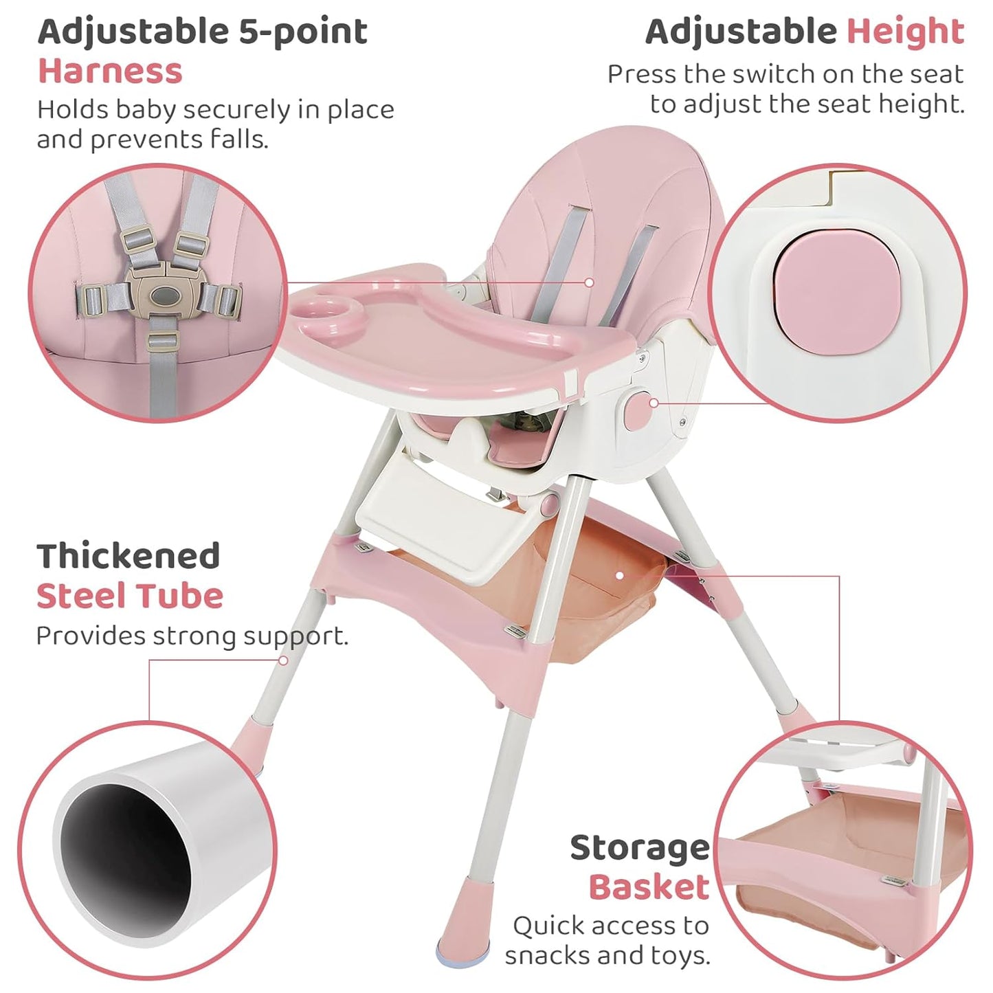 6-in-1 Foldable Baby High Chair for Babies & Toddlers – Adjustable Height & Recline, 5-Point Safety Harness, Removable Tray | Portable Highchair, Space-Saving & Easy Clean | Silla de Comer para Bebé