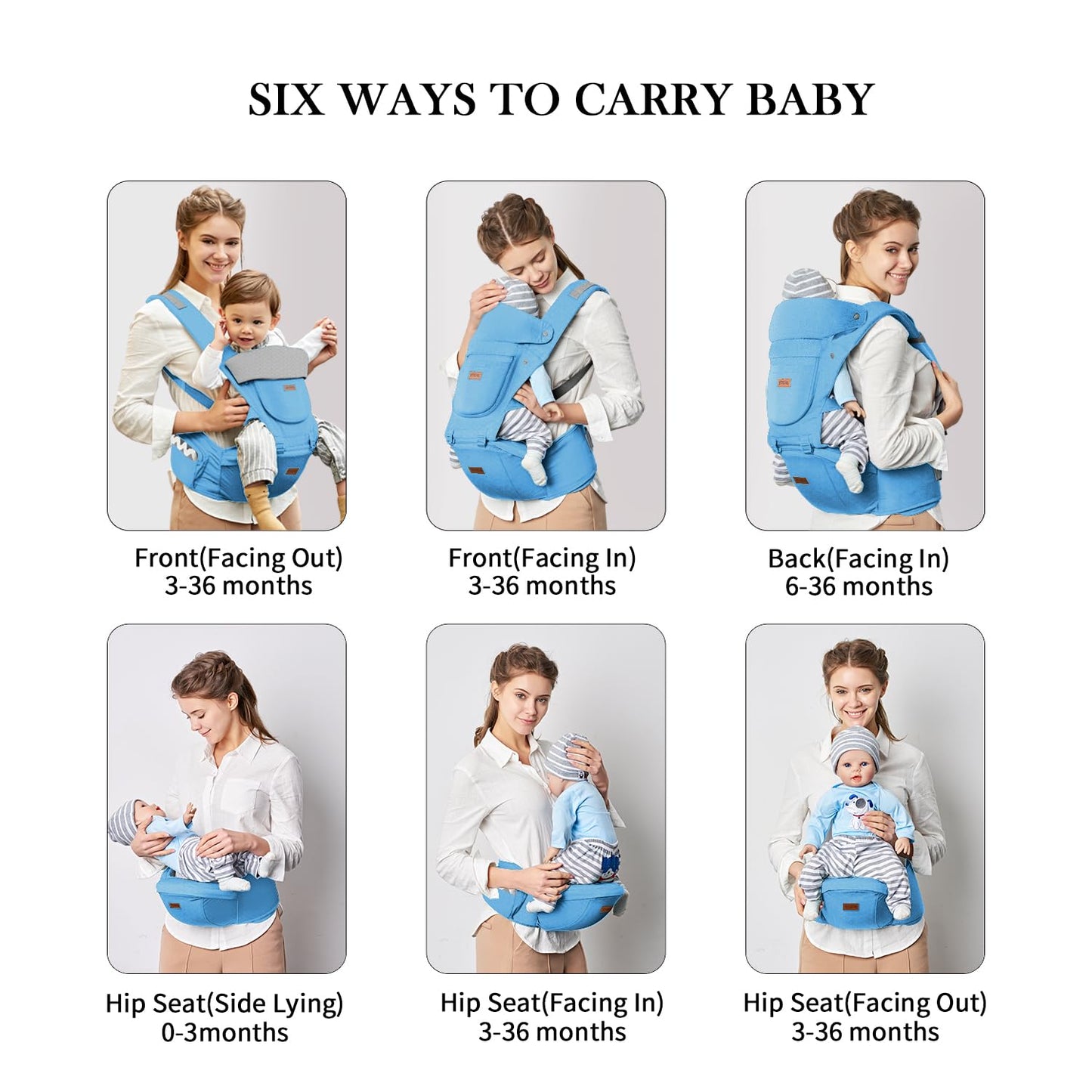 Baby Carrier with Hip Seat, Baby Carrier Newborn to Toddler, 6-in-1 Ways to Carry, All Seasons, Adjustable Baby Holder Carrier for Breastfeeding(Blue)