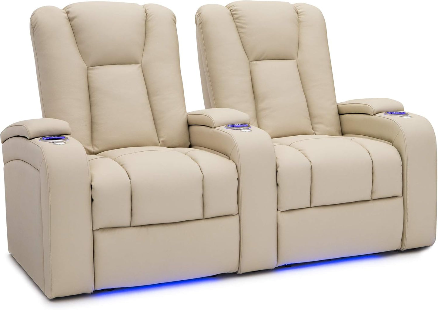 Seatcraft Serenity Leather Home Theater Seating - Living Room - Power Recline - Tray Tables - in-Arm Storage - Ambient Base Lighting and Lighted Cupholders (Row of 2, Cream)