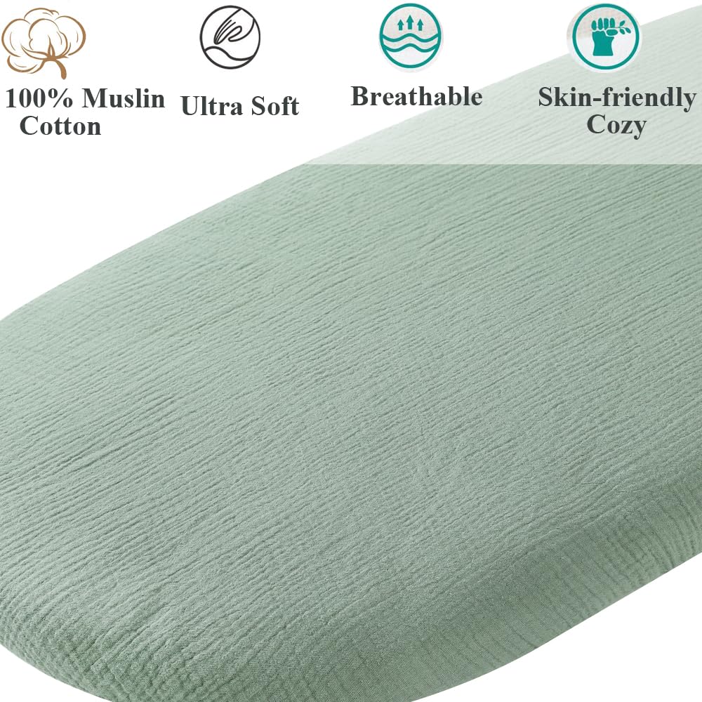 Muslin Bassinet Sheet Compatible with Mika Micky Bedside Sleeper 2 Pack Cotton Stylish Boho Fitted Bassinet Sheets Super Soft for Baby Roman Green & Botanical Leaf