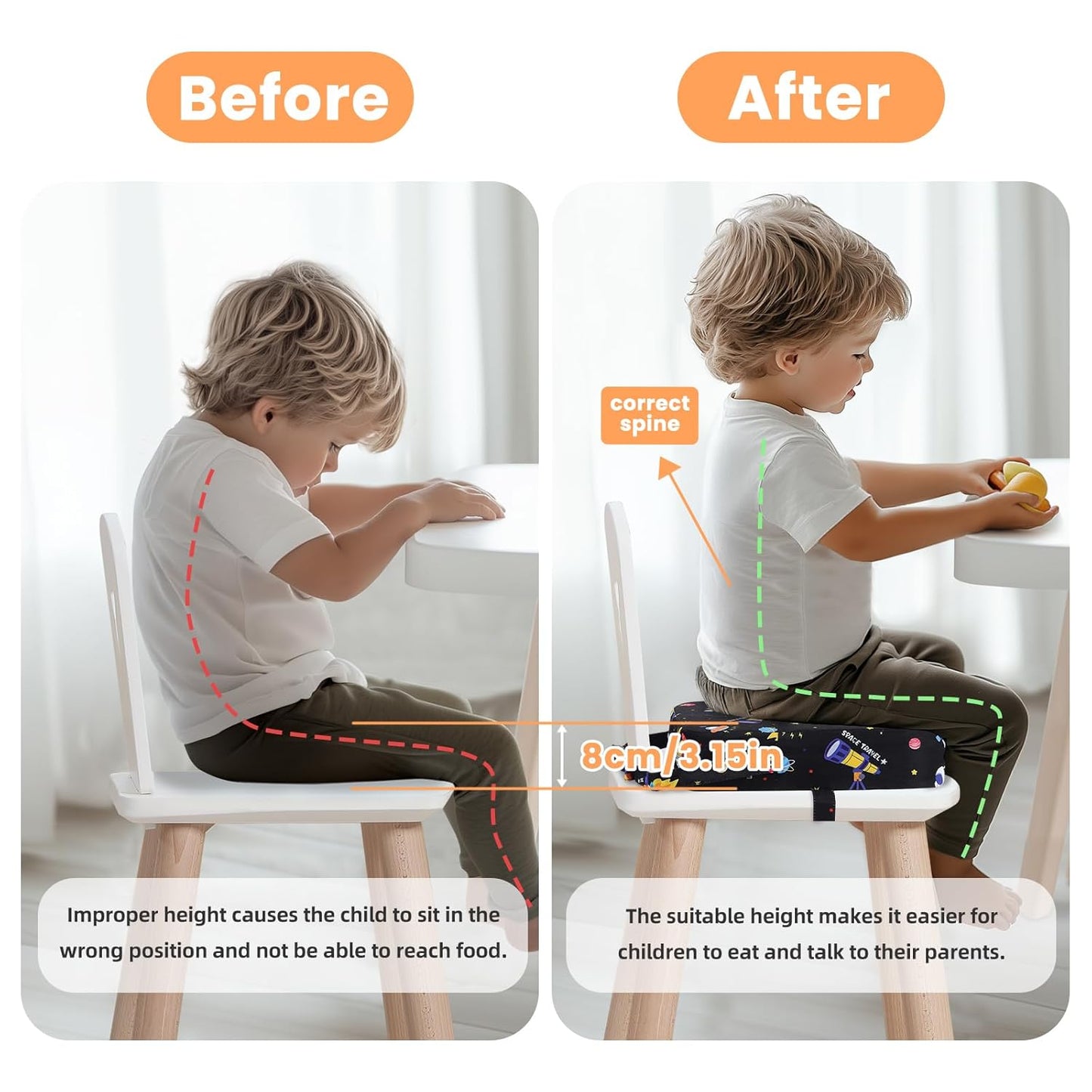 Toddler Booster Seat for Dining Table, Kids Booster Seat for Kitchen Chair with Non-Slip Bottom, Portable Detachable Washable Increasing Cushion with 2 Adjustable Straps (Universe)
