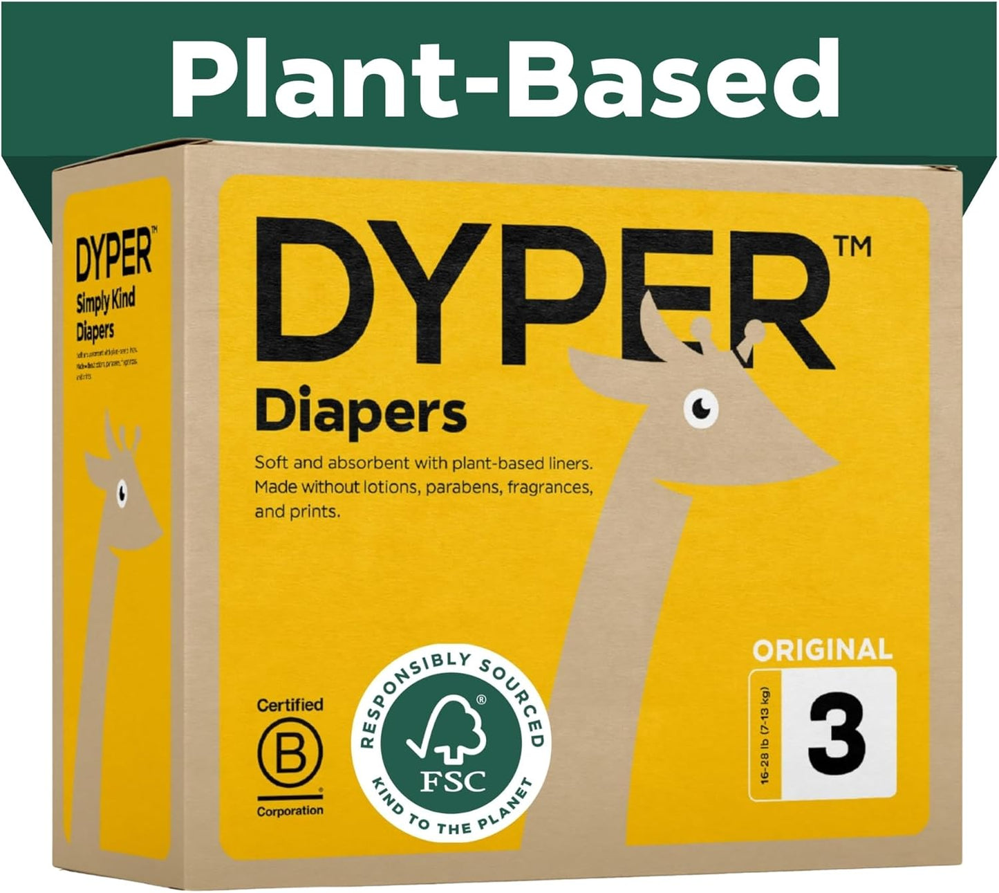 DYPER Baby Diapers Size 3 (168 Count) – Plant-Based, Hypoallergenic, Fragrance-Free & Ultra Absorbent Disposable Diapers for Day and Overnight Skin Protection, Value Pack Size 3 Diapers