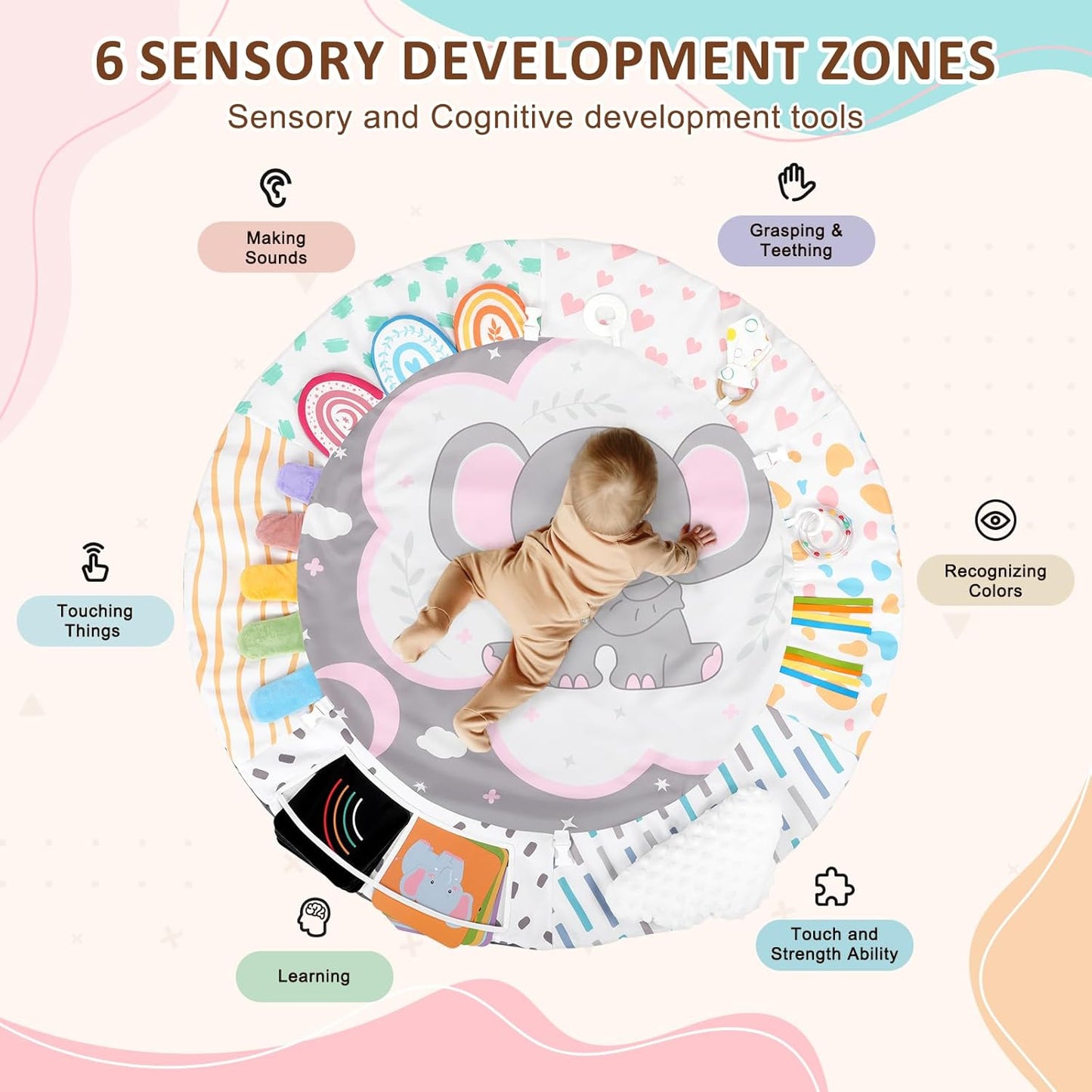 Baby Play Gym & Activity Mat, Tummy Time Mat with Tummy Time Pillow 7 Detachable Sensory Toys and Educational Cards for Motor Skills & Sensory Development, Baby Essentials Shower Gift, Pink Elephant