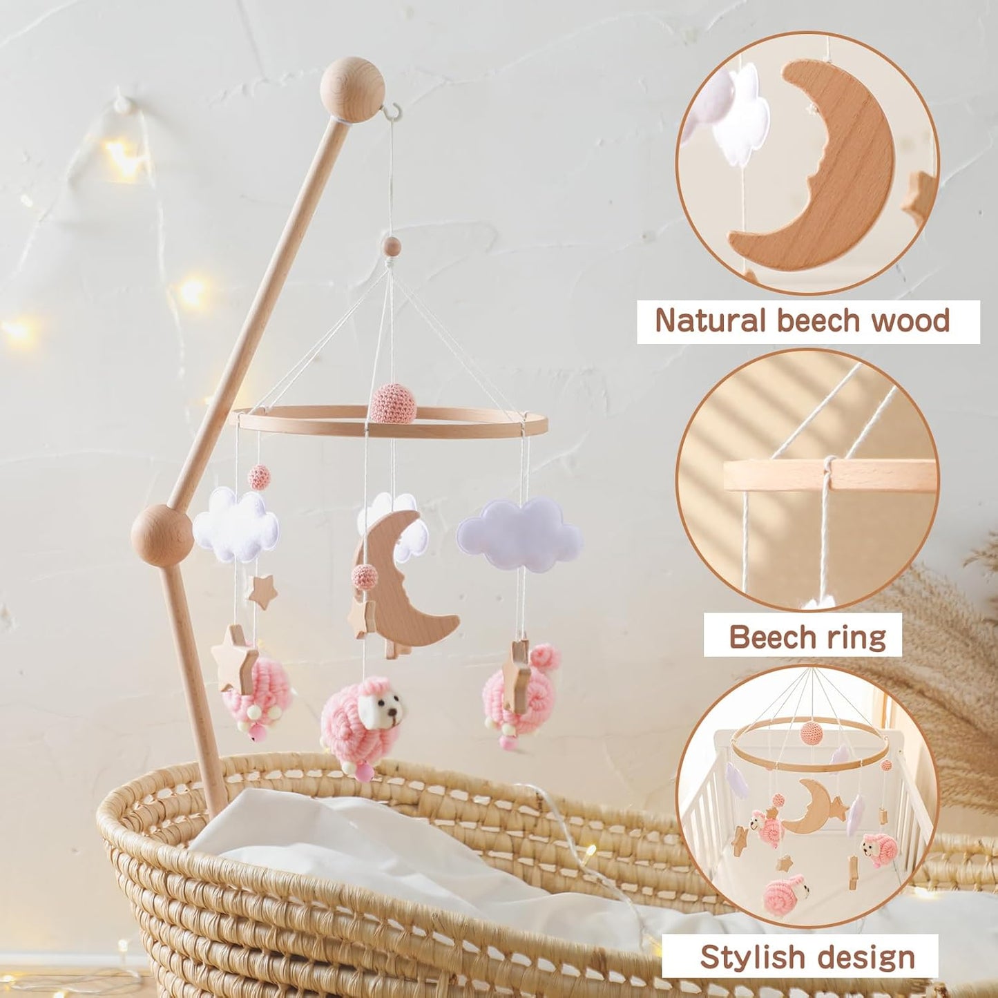 Baby Mobile for Crib, Montessori Baby Crib Mobile for Boys Girls for Bassinet, Nursery Decor for Infant Bedroom Hanging, Baby Mobile Soothe Toys - Gender Neutral Baby Gift (Pink)