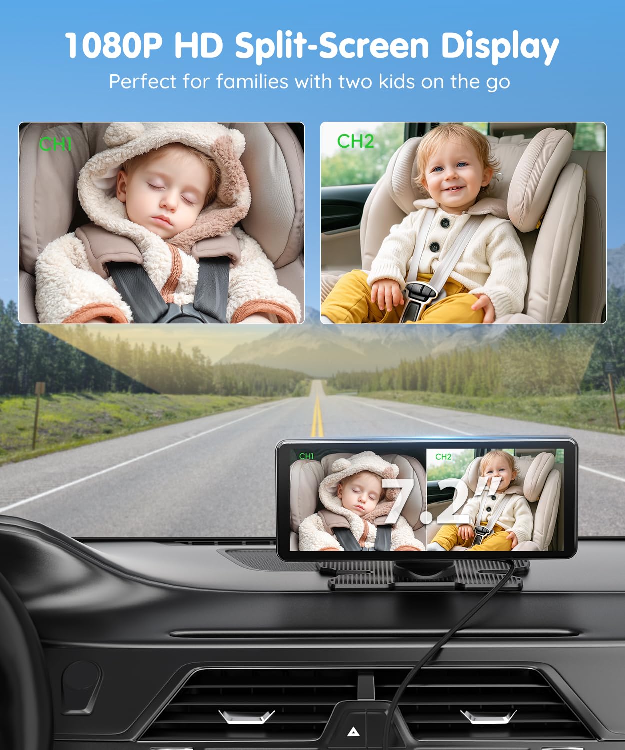 Babyvue BV3 PRO Baby Car Camera for 2 Kids - 7.2" Large HD Display Dual Channel Baby Monitor, 1080P IR Night Vision Car Seat Camera, Easy Install Rear-Facing View – Ideal for Kids and Pet Safety