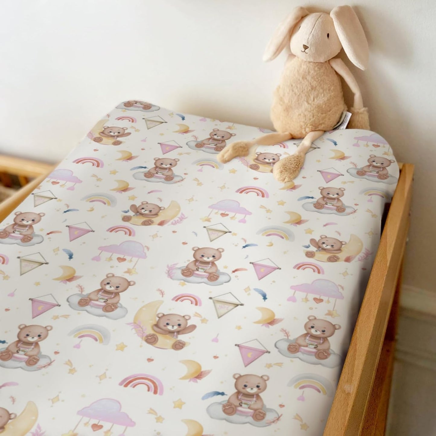 Watercolor Bear Rainbow Pink Changing Pad Covers for Baby Girls Cute Bears Moon Stars Clouds Fitted Change Table Covers Mats Animal Soft Diaper Changing Table Sheets for 32''×16'' Contoured Pad