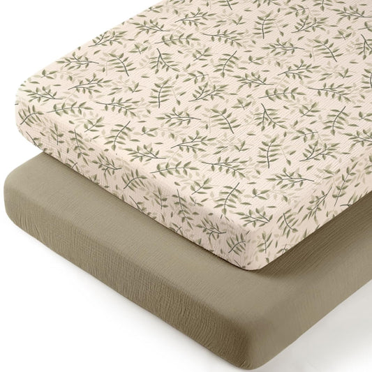 lulumoon Muslin Bassinet Sheets for Boys: Skin-Friendly Leaf Bedside Bassinet Sheets for Baby - Fitted for Bedside Sleeper Mattress