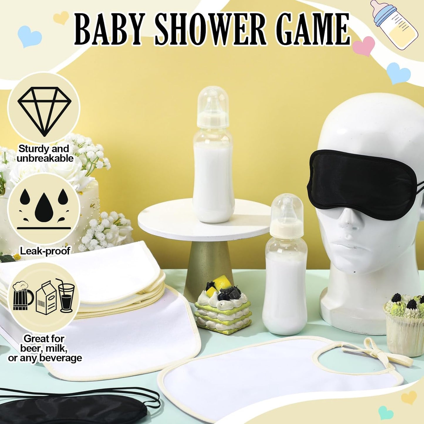 Leinuosen 24 Pcs Baby Shower Blindfold Feeding Game Set Include 6 Plastic Chug Bottles 6 Bib and 12 Eye Mask Blindfold Baby Feeding Bottle Chug Game for Adult Gender Reveal Party Supplies(Milky White)