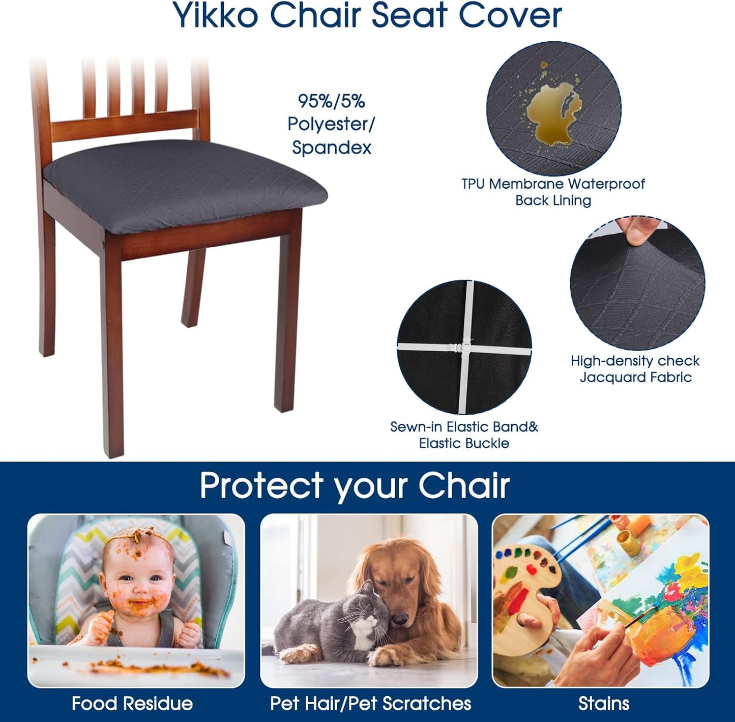 Yikko Chair Seat Covers, High-Density Check Jacquard Ekedalen Seat Covers for Dining Kitchen Restaurant Banquet, Stretch Removable Washable Chair Seat Cushion Protector (6, Dark Grey)