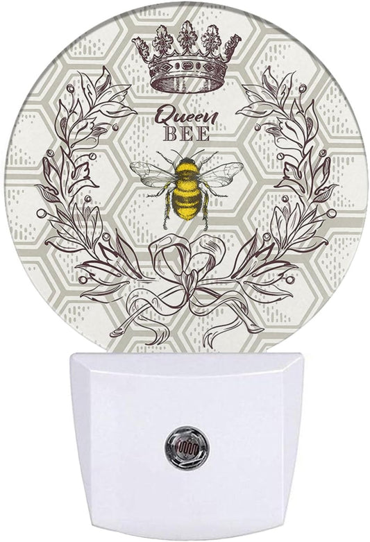 EKOBLA Queen Bee Night Light - Round LED Wall Plug-in Nightlights with Auto Sensor, Dusk to Dawn Lighting for Bedroom, Hallway & Kitchen (Bee Theme)