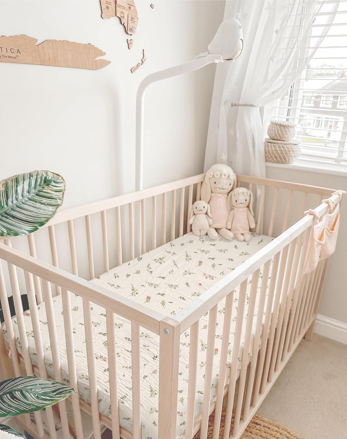 Pack and Play Sheets for Baby Boy and Girl 2 Pack, Neutral Muslin Cotton Pack N Play Mattresses Sheet 27"x39", Muslin Nursery Bedding Soft and Breathable Comfort (Petal Leaf & Pink)