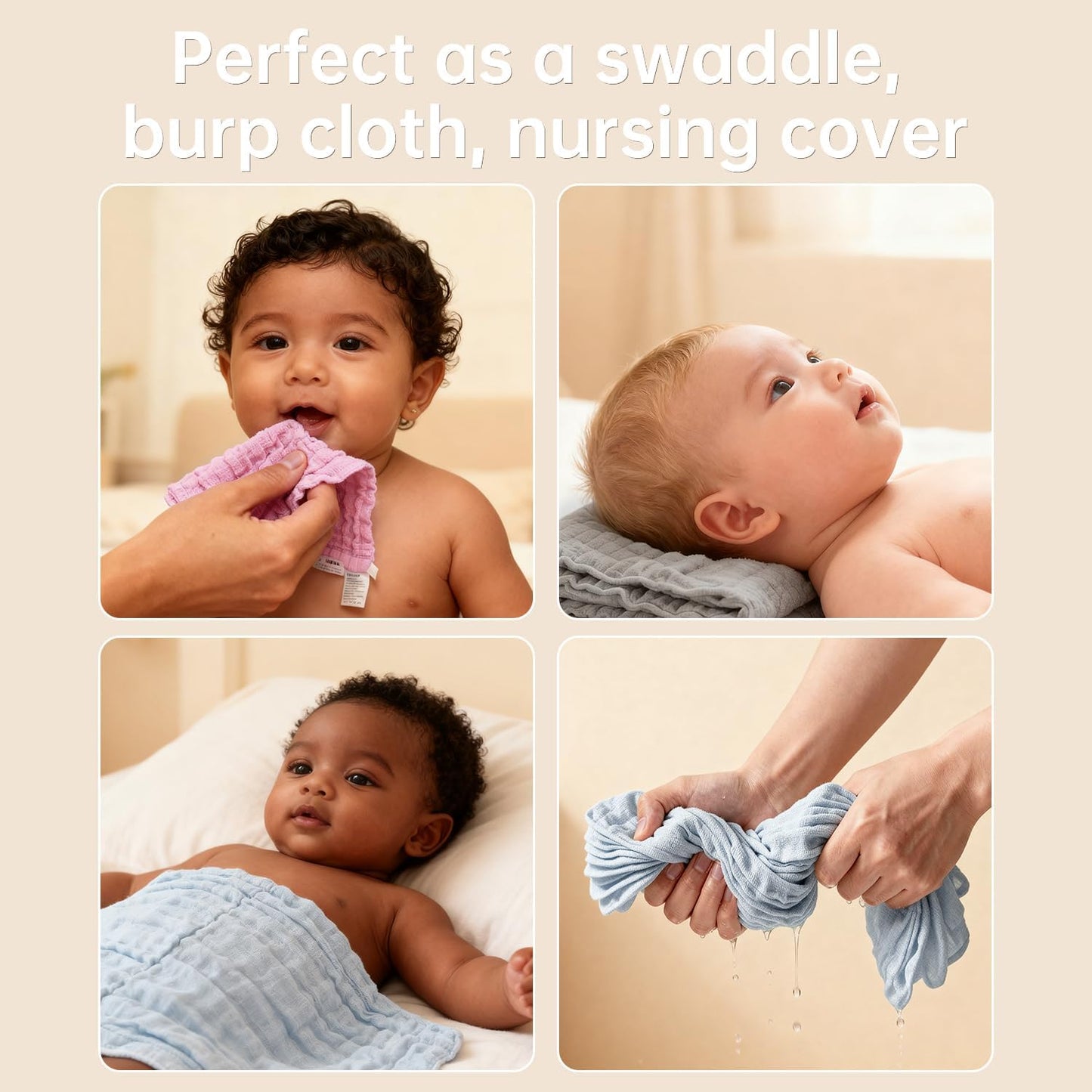 Organic Muslin Baby Washcloths 6 Pack Baby Bath Face Towel 12x12 Inch Extra Absorbent and Soft Burp Cloth and Wash Cloths for Newborn-Infants On Sensitive Skin (Pink Grey Blue)