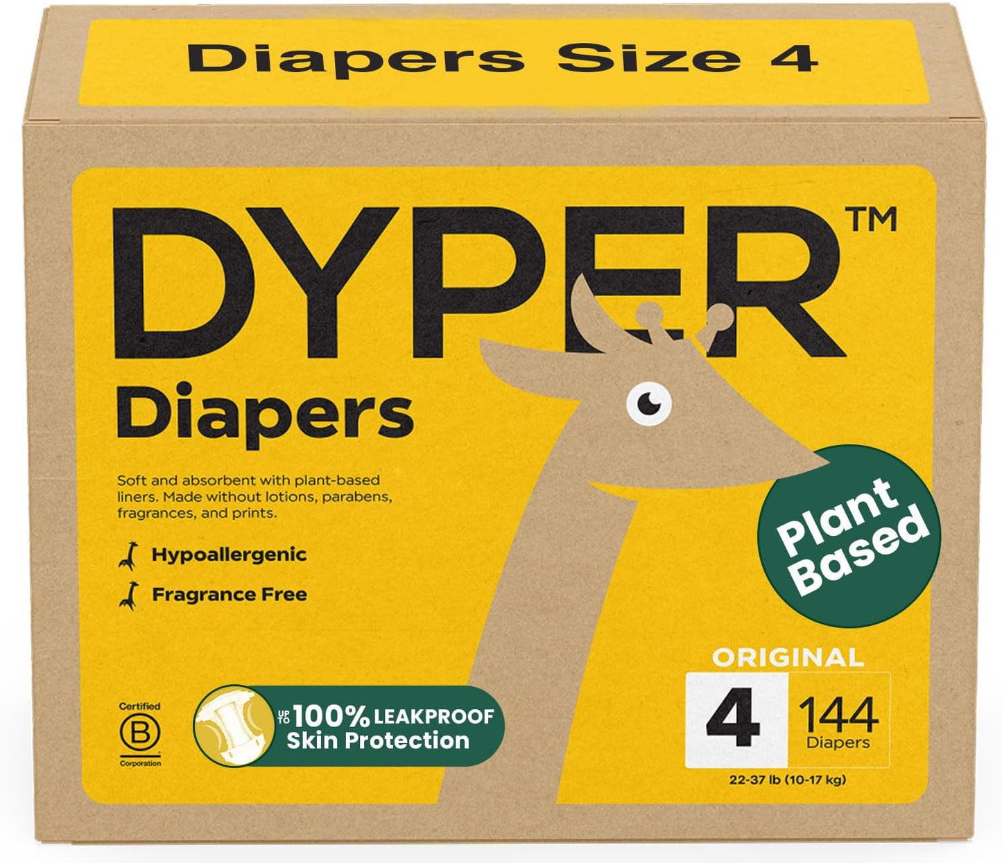 DYPER Baby Diapers Size 4 (144 Count) – Plant-Based, Hypoallergenic, Fragrance-Free & Ultra Absorbent Diapers for Day and Overnight Skin Protection, Value Pack Size 4 Diapers