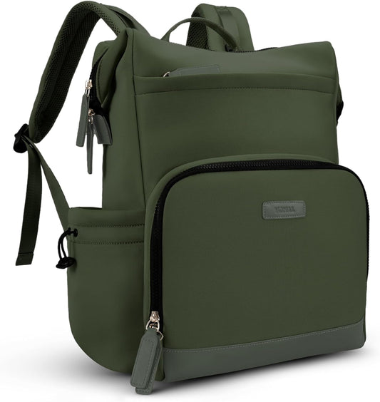 VONAL Neoprene Diaper Bag Backpack with Changing Pad, 33L Large Capacity Neoprene Backpack Baby Diaper Bag with Insulated Pockets, Travel Diaper Backpack Baby with 12 Pockets for Mom & Dad, Green