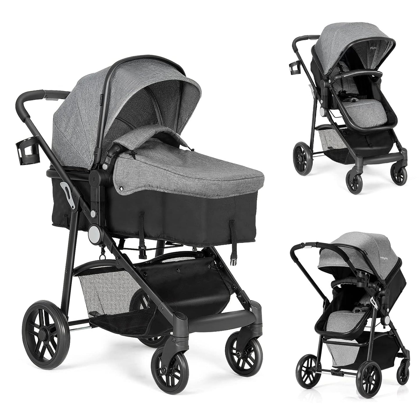 BABY JOY Baby Stroller, 2 in 1 Convertible Carriage Bassinet to Stroller, Pushchair with Foot Cover, Cup Holder, Large Storage Space, Wheels Suspension, 5-Point Harness (Gray)