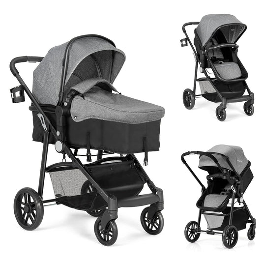 BABY JOY Baby Stroller, 2 in 1 Convertible Carriage Bassinet to Stroller, Pushchair with Foot Cover, Cup Holder, Large Storage Space, Wheels Suspension, 5-Point Harness (Gray)