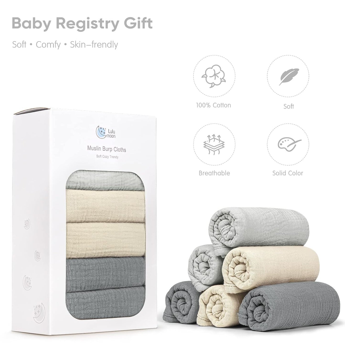 lulumoon Muslin Burp Cloths for Babies: 100% Soft Cotton Large Burping Cloths - Neutral Baby Burp Rags for Boy and Girl - Absorbent Burp Cloth for Spit-Ups 6 Pack