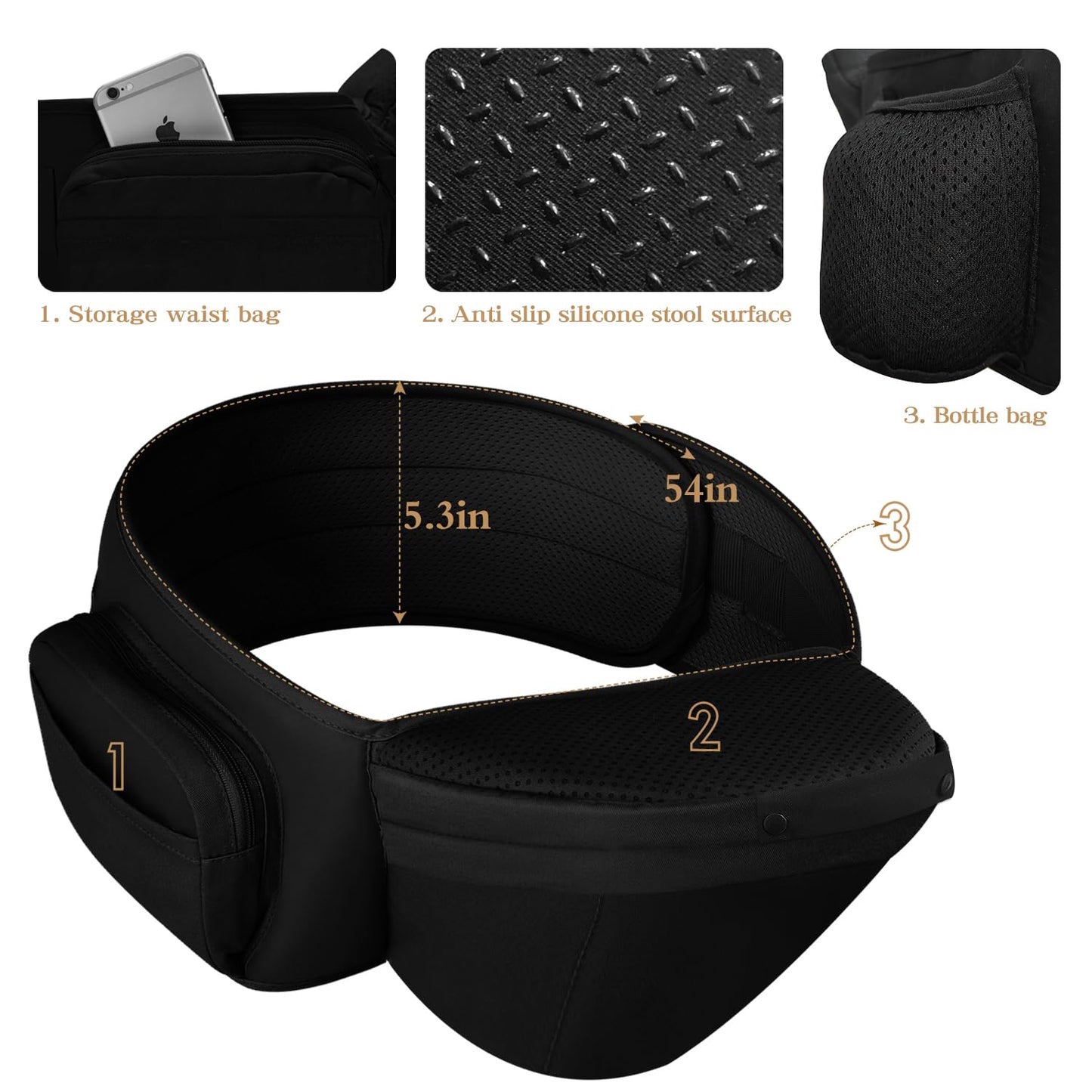 Baby Carrier Newborn to Toddler,Baby Carrier with Hip Seat,Ergonomic, Safety-Certified Baby Hip Carrier with Foldable Neck Support Pod,12 in 1 Baby Holder Carrier with Adjustable Waist Belt-Black