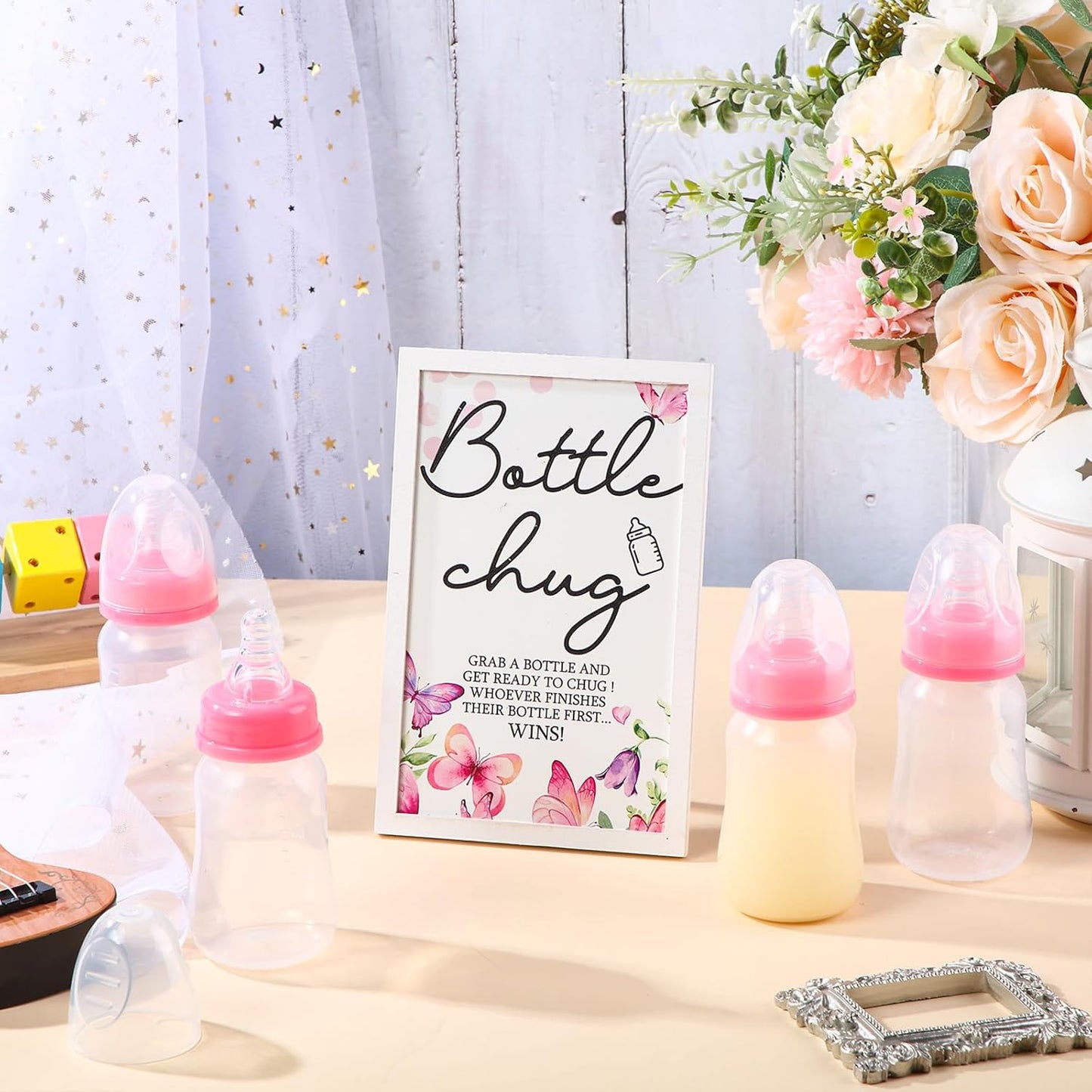 Roowest Bottle Chug Baby Shower Game Favors Including Pink Butterfly Theme Wooden Sign and 18 Pcs Feeding Bottles for Gender Reveal Party Supplies
