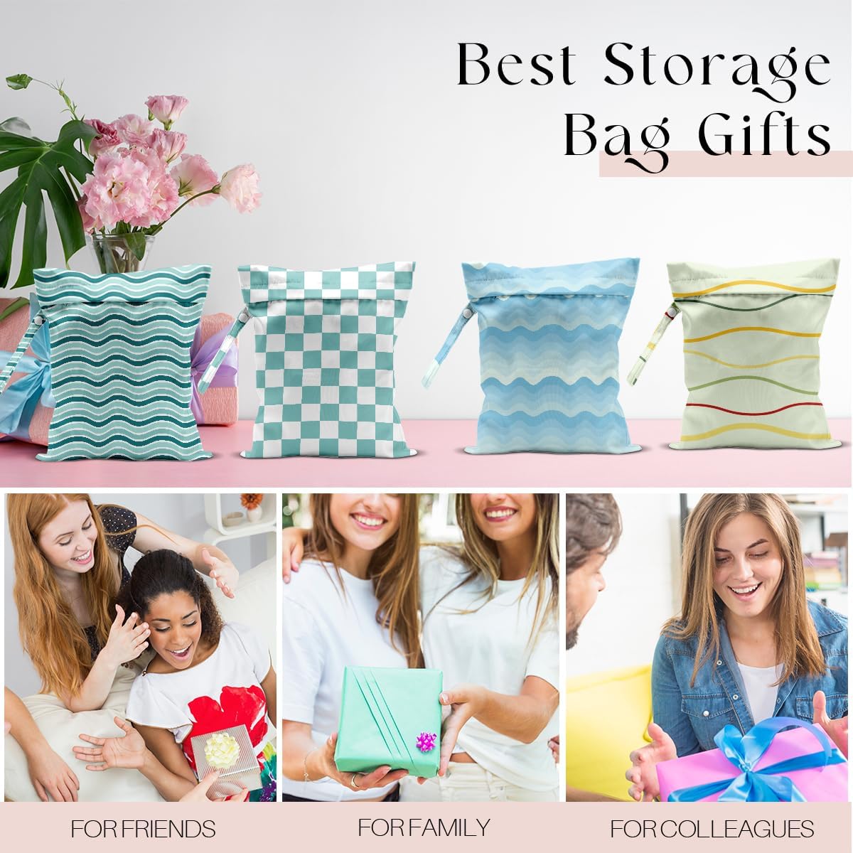 4 Pack Wet Bag for Swimsuit, Beach Travel Essentials Wet Dry Bag, for Sunscreen Toiletry Dirty Clothes Yoga Gym Diaper, Friend Summer Beach Vacation Gifts. Wave, grid