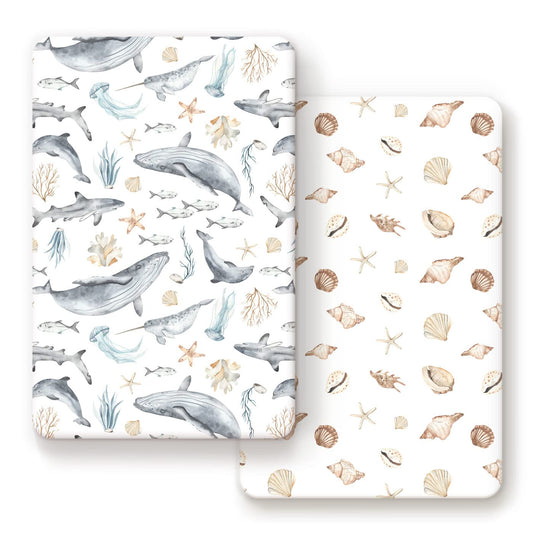 GRSSDER Stretchy Super Soft Jersey Knit Fitted Pack n Play Sheets Set 2 Pack,Portable/Mini Crib Sheets Snug and Safe,Beautiful Marine Organism for Boys and Girls