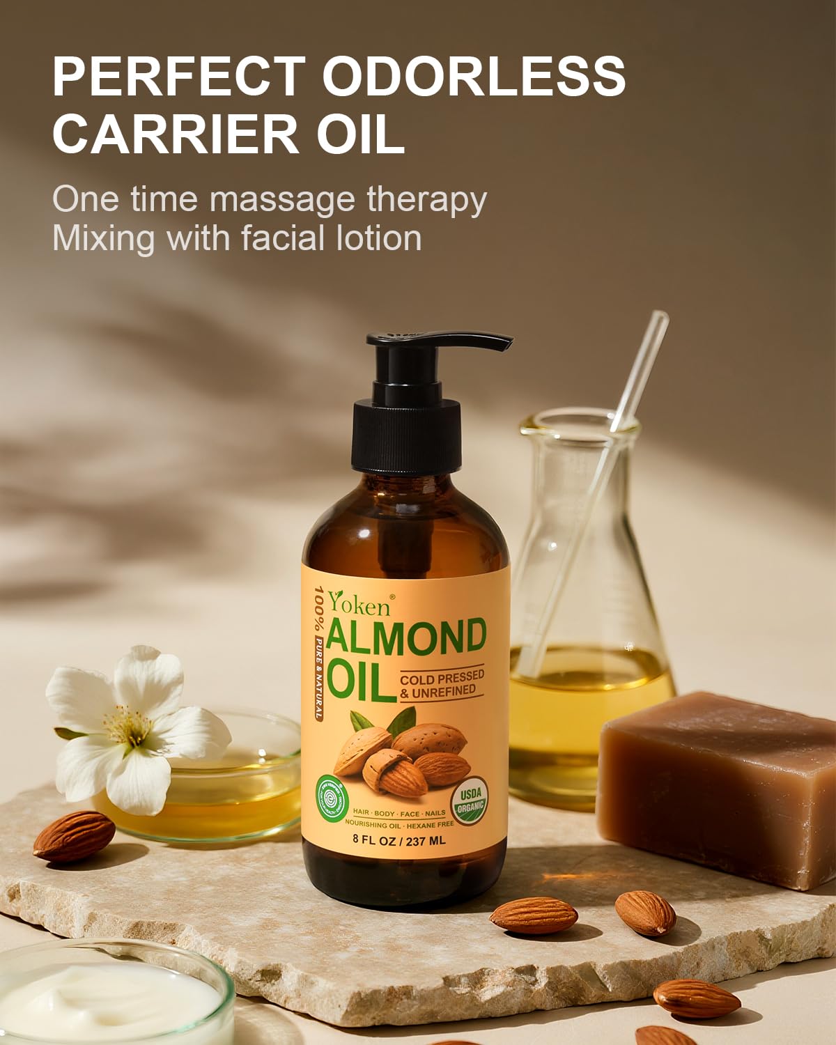 Organic Almond Oil 8 fl oz, USDA 100% Pure Natural Cold Pressed Almond Oils in Glass Bottle, Moisturizing Carrier Oil for Face, Hair & Body - Ideal for Skin Care, Soothing Massage & DIY Beauty